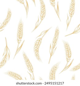 Vector Seamless Pattern with Agriculture Wheat, Cereal Ears. Organic Wheat, Rice Ears. Grain Ear Design Template for Bread, Beer Packaging, Farming, Organic Food Concept