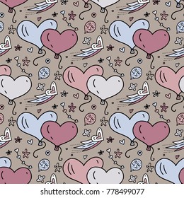 Vector seamless pattern with air ballons, hearts and stars. Happy Valentines day illustration.