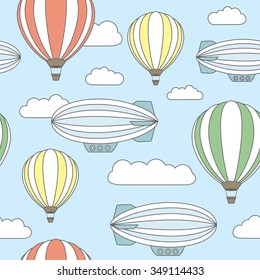 vector seamless pattern with air balloon and dirigible