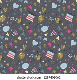 Vector seamless pattern with air balloons, fireworks, confetti, bunting flags garlands, gift box. Gold glitter texture