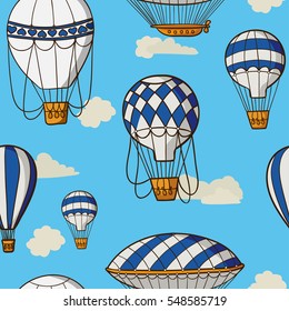 vector seamless pattern with air balloons in the blue sky with clouds