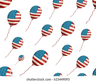 Vector seamless pattern with air balloons with American flag on the white background.