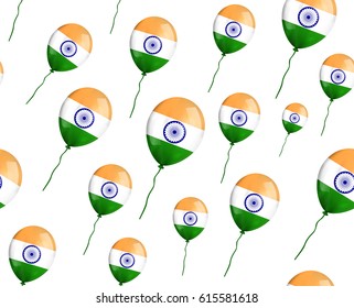 Vector seamless pattern with air balloons with Indian flag on the white background.