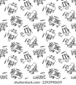 vector seamless pattern of aircraft in different angles with a drawing line