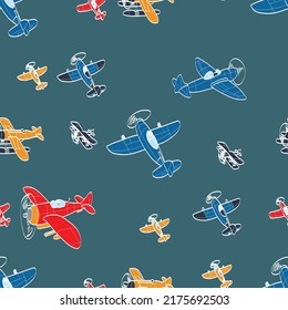 Vector seamless pattern with aircraft. Kids background with planes. Funny airplanes