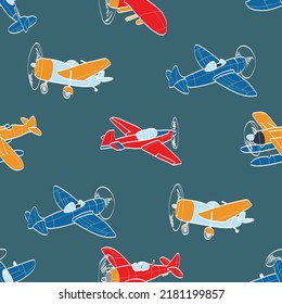 Vector seamless pattern with aircraft. Kids background with planes. Funny airplanes