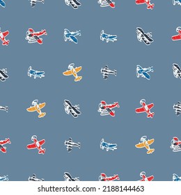 Vector seamless pattern with aircraft. Kids background with planes. Funny airplanes