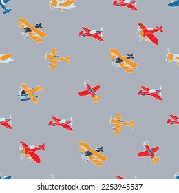 Vector seamless pattern with aircraft. Kids background with planes. Funny airplanes