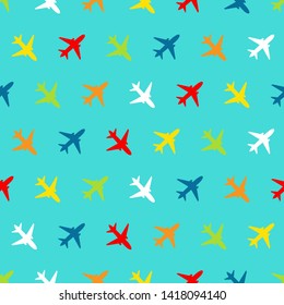 Vector seamless pattern of airplane on blue background