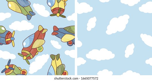 Vector seamless pattern. Airplanes flying in the sky with clouds. Ideal for textile, paper and gift products.