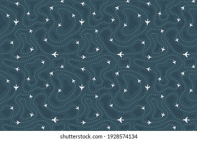 Vector seamless pattern with airplanes on a dark background.