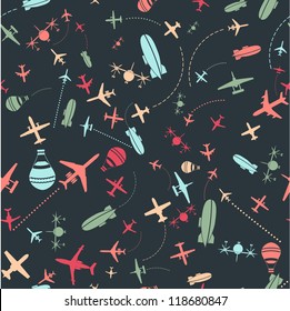 Vector seamless pattern. Airplanes and sky set