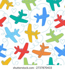 Vector seamless pattern with airplanes in the sky, design for kids