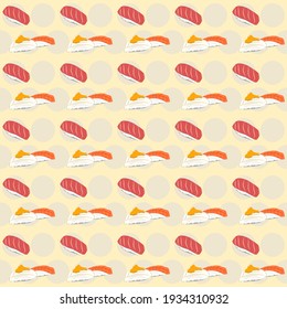 Vector seamless pattern of akami red tuna sushi, hamachi sushi topping with tobiko eggs and raw salmon sushi, with polkadot pattern on yellow background