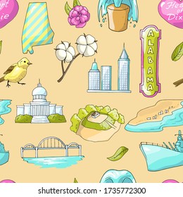 Vector seamless pattern with Alabama's sighs ans sights infographics