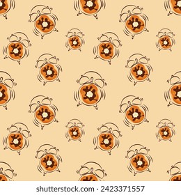 Vector seamless pattern with alarm clock and packages on a beige background. Ideal for children's drawings, kitchen style, textiles, wrapping paper, scrapbooking.