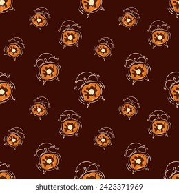 Vector seamless pattern with alarm clock and packages on a brown background. Ideal for children's drawings, kitchen style, textiles, wrapping paper, scrapbooking.