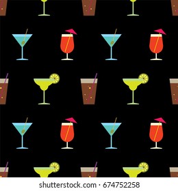 Vector Seamless Pattern of Alcohol Cocktails on Black Background