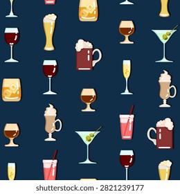 Vector Seamless Pattern of Alcohol Drinks and Cocktails in Flat Design