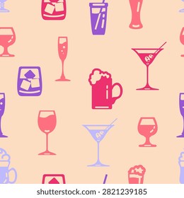 Vector Seamless Pattern of Alcohol Drinks on Beige Background
