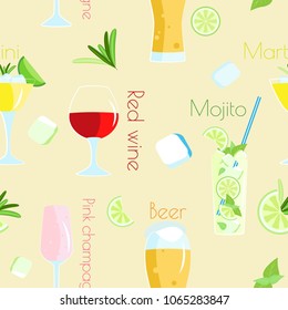 Vector seamless pattern of alcoholic cocktails and beverages. Beige background with ice cubes and lime