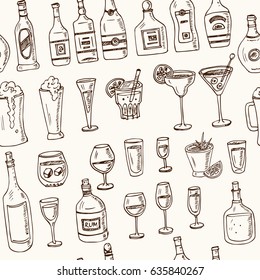 Vector seamless pattern with alcoholic drinks hand drawn doodles on white background. Various kinds of cocktails and soft drinks. Illustration for menus, recipes and packages product