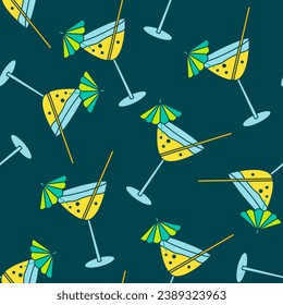 Vector seamless pattern with alcoholic yellow cocktail with bubbles in glass with umbrella and straw on dark background.