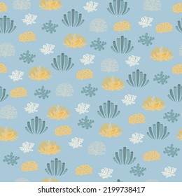 Vector seamless pattern with algae, corals.Underwater cartoon creatures.Marine background.Cute ocean pattern for fabric, childrens clothing,textiles,wrapping paper