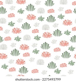 Vector seamless pattern with algae, corals.Underwater cartoon creatures.Marine background.Cute ocean pattern for fabric, childrens clothing,textiles,wrapping paper