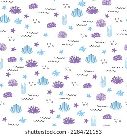 Vector seamless pattern with algae, corals.Underwater cartoon creatures.Marine background.Cute ocean pattern for fabric, childrens clothing,textiles,wrapping paper