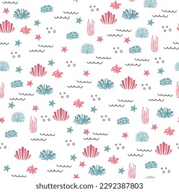 Vector seamless pattern with algae, corals.Underwater cartoon creatures.Marine background.Cute ocean pattern for fabric, childrens clothing,textiles,wrapping paper