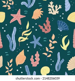 Vector seamless pattern with algae and shells in cartoon style.