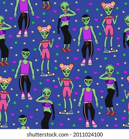 Vector seamless pattern with aliens, hearts and stars on dark-blue background.