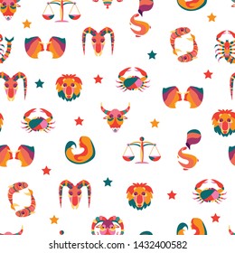 Vector seamless pattern. All star signs with different colors on white background. Vector set astrology sign. Twelve horoscope zodiac star icons