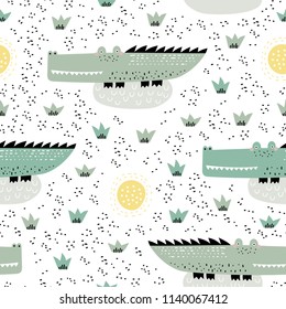 Vector seamless pattern with alligators. Perfect for kids fabric, textile, nursery wallpaper. Creative kids texture for fabric, wrapping, textile, wallpaper, apparel. Vector illustration