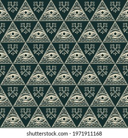 Vector seamless pattern with an all-seeing eye and old crossed keys on a black backdrop. A hand-drawn geometric background with a third eye inside a triangular pyramid. The Sacred Omniscience Symbol