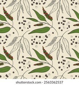 Vector seamless pattern with allspice plants. Hand drawn repeating background with pepper spice with branch, leaves and fruits of tropical tree Pimento officinalis. Food ingredient, health, aroma