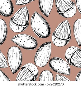 Vector seamless pattern with almond . Hand drawn healthy food illustration in vintage style.  Ink drawn sketch. Protein and fat ingredient for vegetarian. White on brown background.