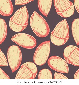 Vector seamless pattern with almond on brown. Hand drawn healthy food illustration in vintage style.  Ink drawn sketch. Protein and fat ingredient for vegetarian.