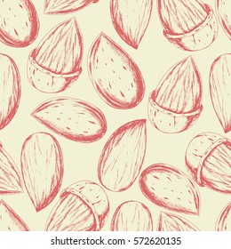 Vector seamless pattern with almond on beige background. Hand drawn healthy food illustration in vintage style.  Ink drawn sketch. Protein and fat ingredient for vegetarian.