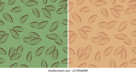 Vector seamless pattern of almonds. Set of two patterns, white-brown. Background from hazelnuts. Texture for a grocery store, printing on fabric, fabric, wrapping paper. Harvest.