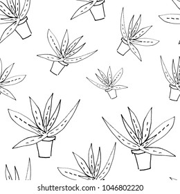 vector seamless pattern of aloe sketch drawn by black marker on white background