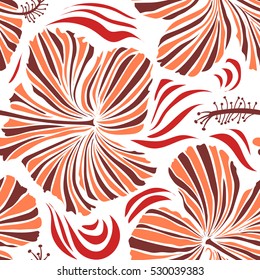 Vector seamless pattern. Aloha Hawaii, Luau Party invitation on white background with hibiscus flowers in brown, orange colors. Best creative design for poster, flyer, printing. Aloha T-Shirt design.