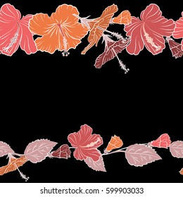 Vector seamless pattern. Aloha Hawaii, Luau Party invitation on black background with hibiscus flowers in orange, red and pink colors and copy space. Creative design. Horizontal aloha T-Shirt design.