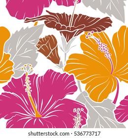 Vector seamless pattern. Aloha T-Shirt design. Aloha Hawaii, Luau Party invitation on white background with hibiscus flowers in brown, yellow and pink colors. Best creative design for posters, flyers.