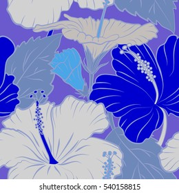 Vector seamless pattern. Aloha T-Shirt design. Aloha Hawaii, Luau Party invitation on violet background with multicolored hibiscus flowers. Best creative design for poster, flyer, presentation.