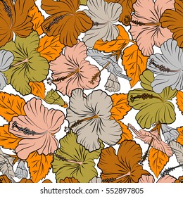 Vector seamless pattern. Aloha T-Shirt design. Aloha Hawaii, Luau Party invitation on white background with hibiscus flowers in orange and yellow colors. Best creative design for poster, flyer, fabric