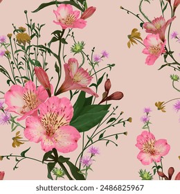 Vector Seamless Pattern. Alstroemeria garden flowers. Flower bouquet summer print for any surfaces.