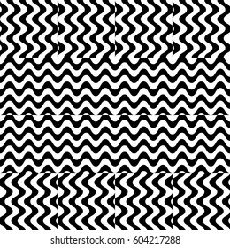 Vector seamless pattern. Alternating background, design template with striped black white wave curve lines. Backdrop, texture with optical illusion effect. Horizontal dynamic tiles in op art style.
