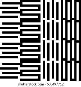 Vector seamless pattern. Alternating background, figurative design with striped black white lines. Backdrop, texture with mechanical geometry. Vertical industrial tile, lattice, grille.